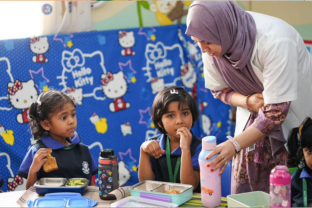 Children playing in a colorful classroom